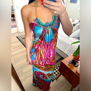 Resort style summer maxi dress with beaded neckline